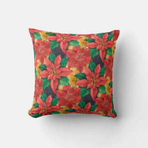 Red and Gold Poinsettias Holiday Christmas Throw Pillow