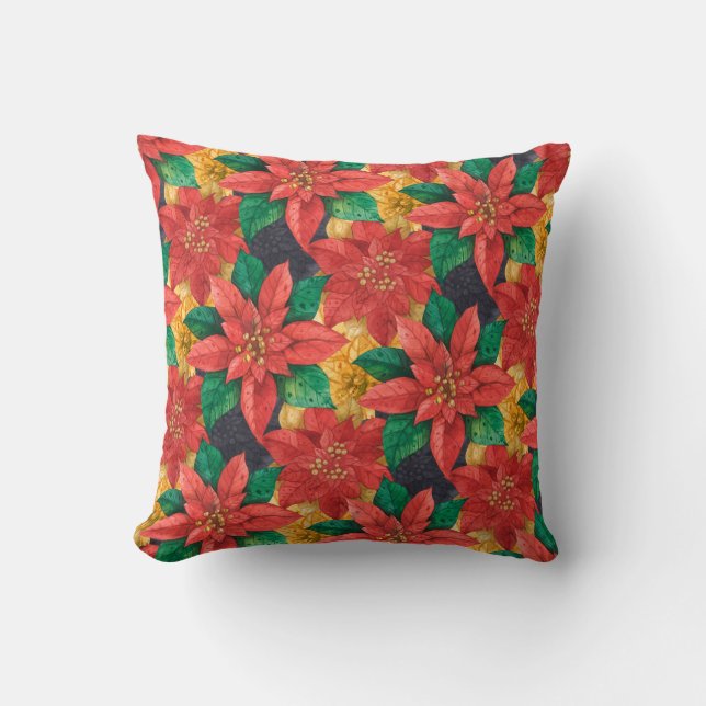 Red and Gold Poinsettias Holiday Christmas Throw Pillow (Front)