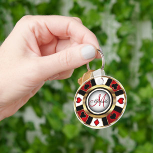 Red and Gold Poker Chip Design - Monogram Keychain
