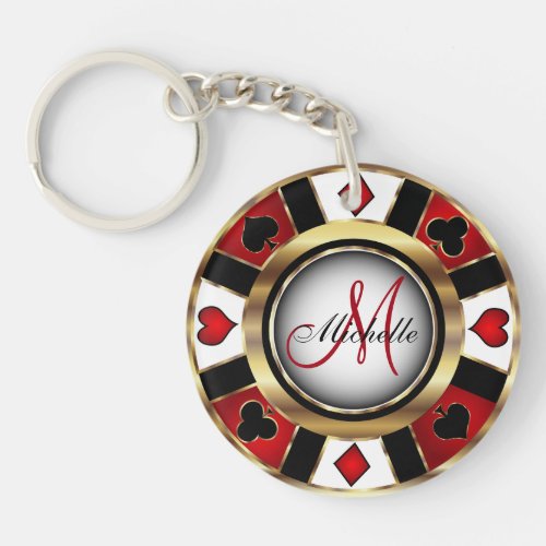Red and Gold Poker Chip Design _ Monogram Keychain