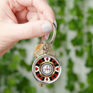 Red and Gold Poker Chip Design - Monogram Keychain