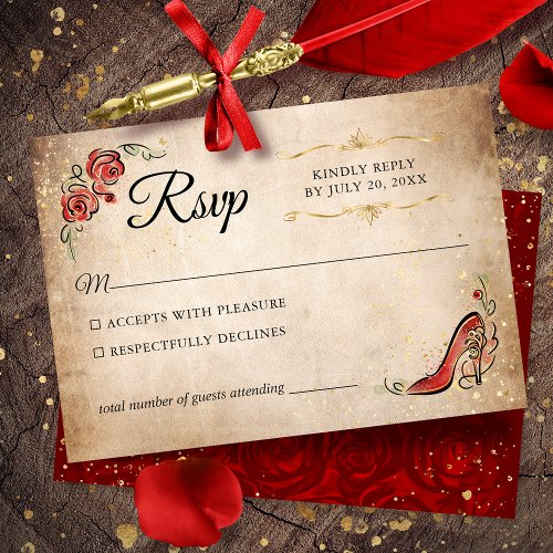Red and Gold Princess Elegant Wedding RSVP Card