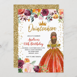 Red and Gold Princess Floral Quinceañera Birthday Invitation