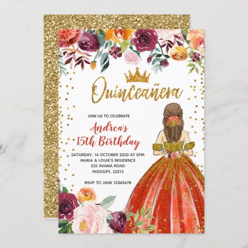 Red and Gold Princess Floral Quinceaera Birthday Invitation