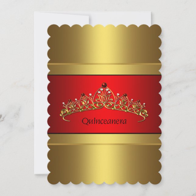 Red and Gold Quinceanera Gold Tiara Birthday Invitation (Front)