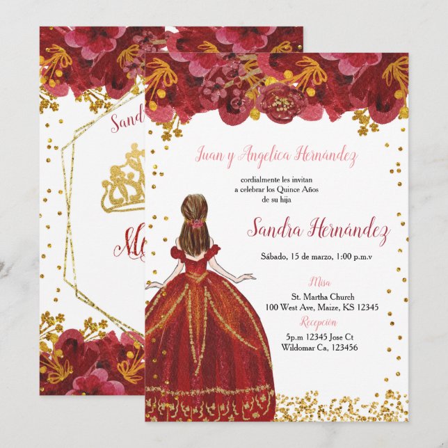 Red and Gold Quinceañera Invitation (Front/Back)