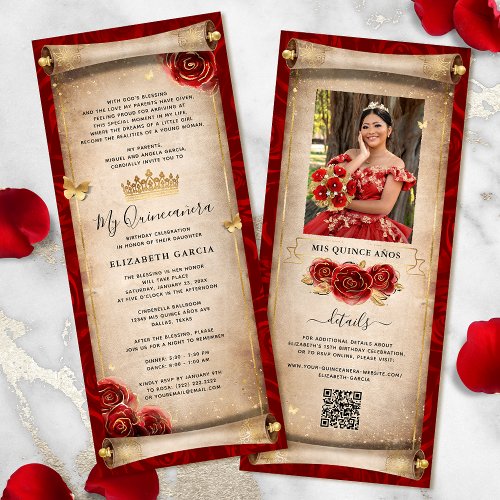 Red and Gold Quinceanera Scroll Invitation Card