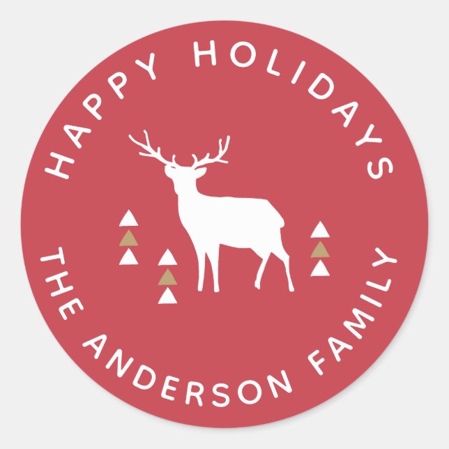 Red and Gold Reindeer Happy Holidays Gift Sticker (Front)