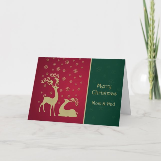Red and gold reindeer Mom & Dad Christmas Holiday Card (Front)