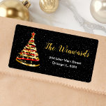 Red and Gold Ribbon Christmas Tree Label<br><div class="desc">This elegant and chic address label features a red and gold ribbon Christmas tree with a star topper. The text combines handwritten script and modern sans serif fonts for a classy and sophisticated look. The falling snow, snowflakes and sparkles give a festive and magical touch. This is perfect for Christmas...</div>