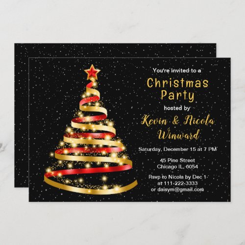 Red and Gold Ribbon Tree Christmas Party Invitation