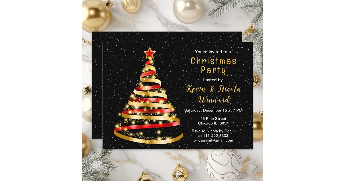 Red and Gold Ribbon Tree Christmas Party Invitation | Zazzle