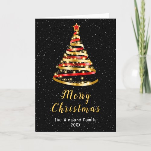 Red and Gold Ribbon Tree Merry Christmas Holiday Card