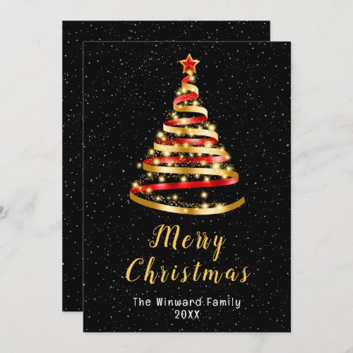 Red and Gold Ribbon Tree Merry Christmas Holiday Card