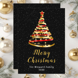 Red and Gold Ribbon Tree Merry Christmas Holiday Card
