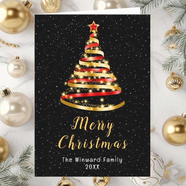 Red and Gold Ribbon Tree Merry Christmas Holiday Card (Creator Uploaded)
