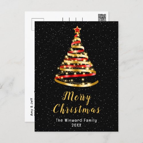 Red and Gold Ribbon Tree Merry Christmas Holiday Postcard