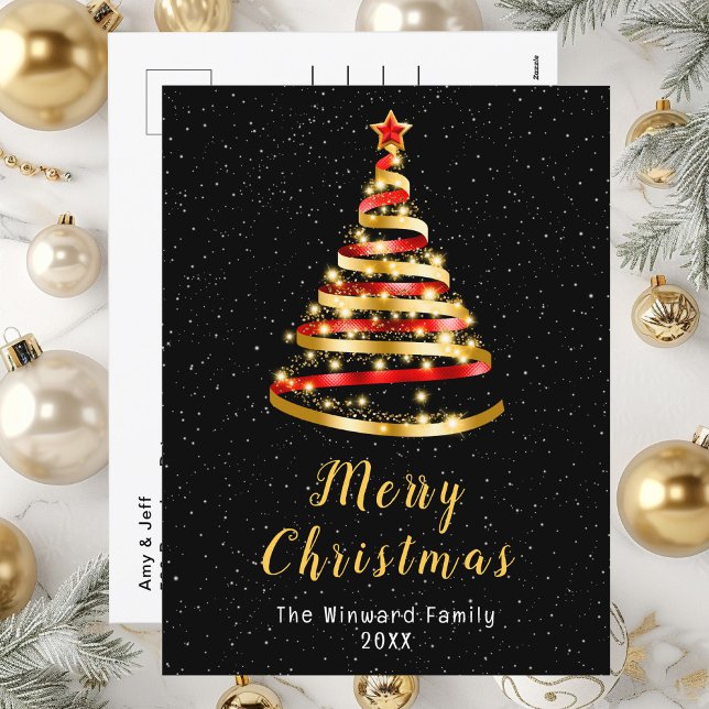 Red and Gold Ribbon Tree Merry Christmas Holiday Postcard (Creator Uploaded)