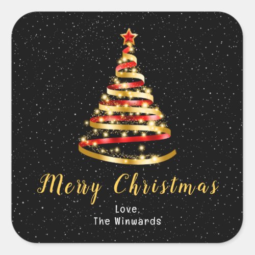 Red and Gold Ribbon Tree Merry Christmas Square Sticker