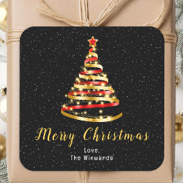 Red and Gold Ribbon Tree Merry Christmas Square Sticker