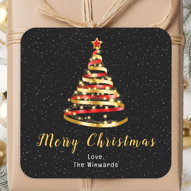 Red and Gold Ribbon Tree Merry Christmas Square Sticker (Creator Uploaded)