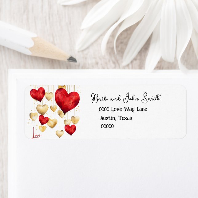 Red and Gold Romantic Hearts Label (Insitu)
