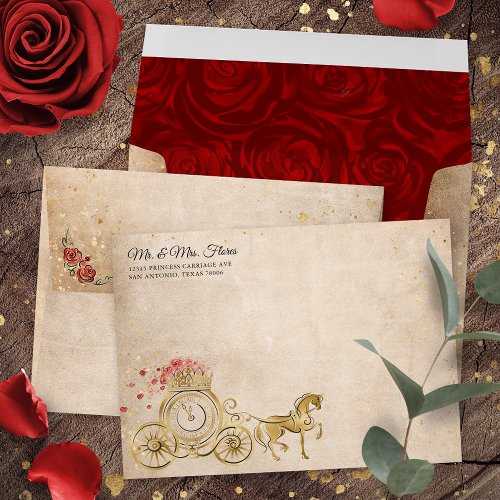 Red and Gold Rose Princess Carriage Return Address Envelope