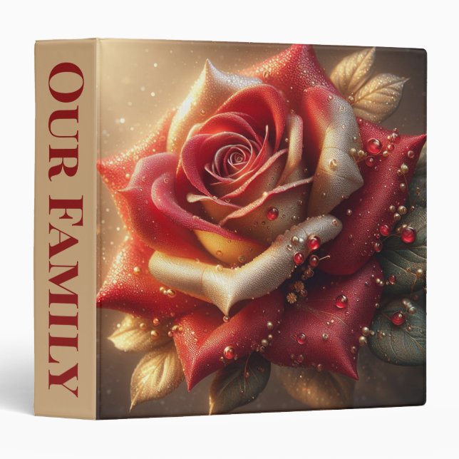 Red and Gold Rose with Dew Drops 3 Ring Binder (Front/Spine)
