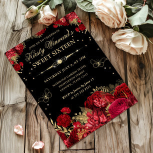 Red and Gold Roses Border Floral Sweet Sixteen Invitation