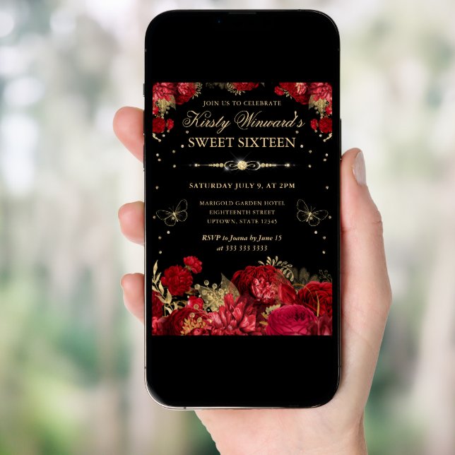 Red and Gold Roses Border Floral Sweet Sixteen Invitation (Front Digital)
