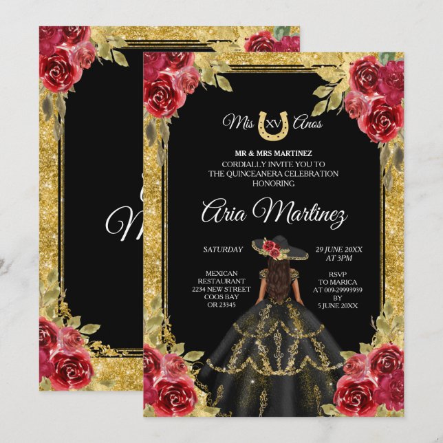 Red and Gold Roses Charra Mis Quince Invitation (Front/Back)