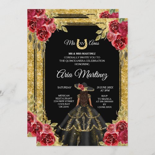 Red and Gold Roses Charra Mis Quince Invitation