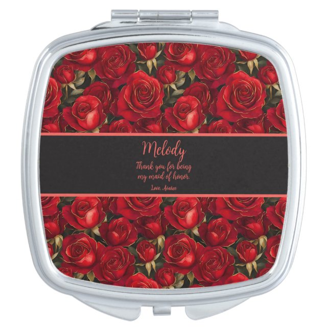 Red and Gold Roses Compact Mirror (Front)