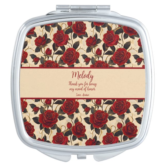 Red and Gold Roses Compact Mirror (Front)