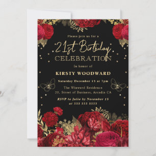Red and Gold Roses Floral 21st Birthday Invitation
