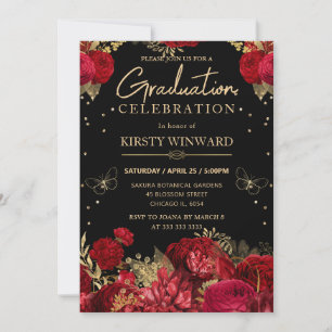 Red and Gold Roses Floral Graduation Invitation