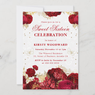 Red and Gold Roses Floral Sweet Sixteen Invitat Invitation