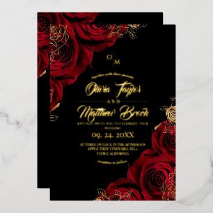 Red and Gold Roses Flowers Wedding Foil Invitation