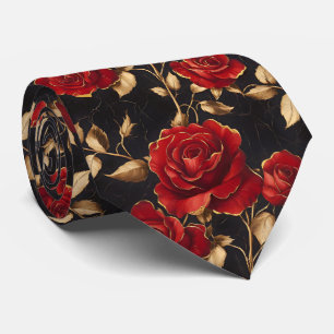 Red and Gold Roses On Black Background Neck Tie
