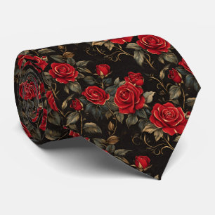 Red and Gold Roses On Black Neck Tie