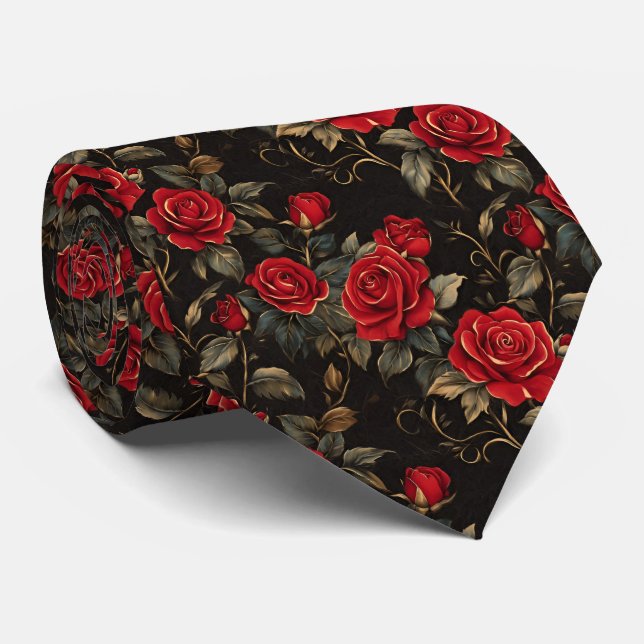 Red and Gold Roses On Black Neck Tie (Rolled)