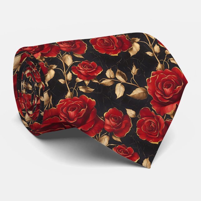 Red and Gold Roses On Black Neck Tie (Rolled)