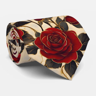 Red and Gold Roses On Creamy Background Neck Tie