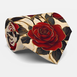 Red and Gold Roses On Creamy Background Neck Tie