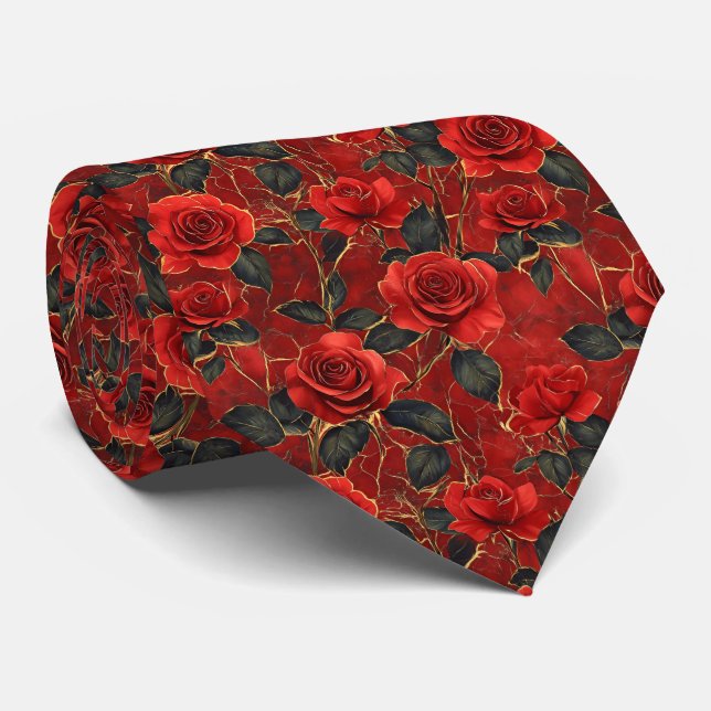 Red and Gold Roses On Red Neck Tie (Rolled)