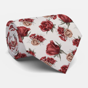 Red and Gold Roses On White Neck Tie