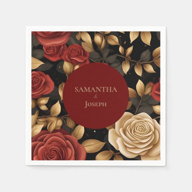 Red and Gold Roses Wedding Napkins (Front)