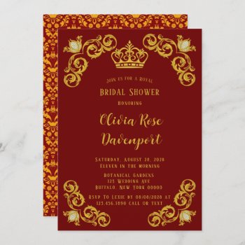 Red And Gold Royal Crown Damask Bridal Shower Invitation by Wedding_Charme at Zazzle
