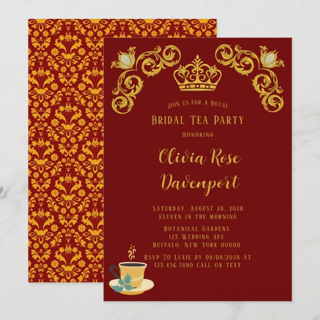 Red and Gold Royal Crown Damask Bridal Tea Party Invitation (Front/Back)