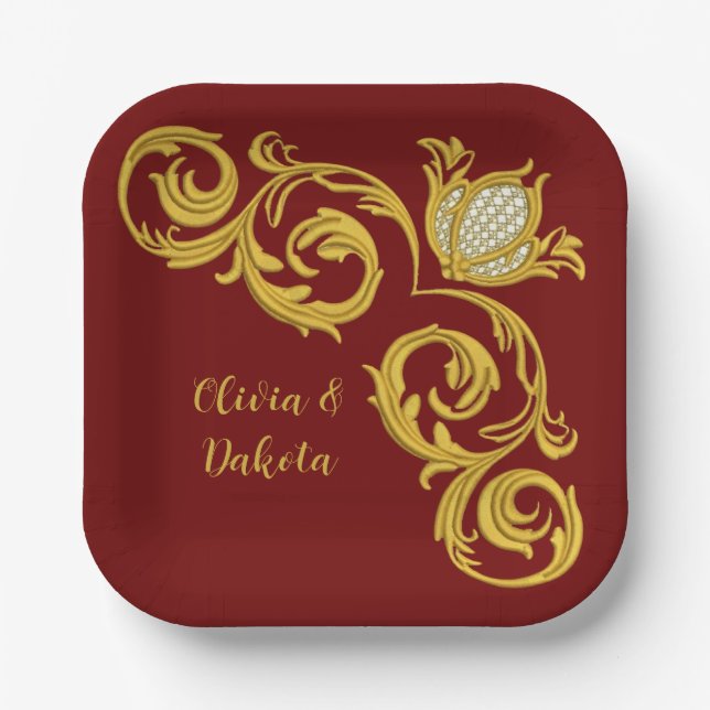 Red and Gold Royal Crown Wedding Paper Plates (Front)